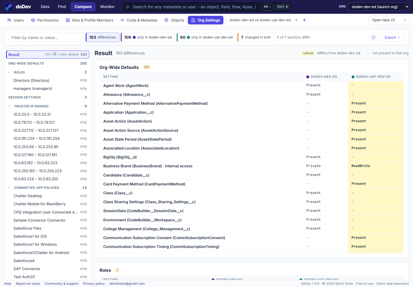 Compare Org Settings in doDev: org-wide defaults, policies and settings with the values that differ highlighted