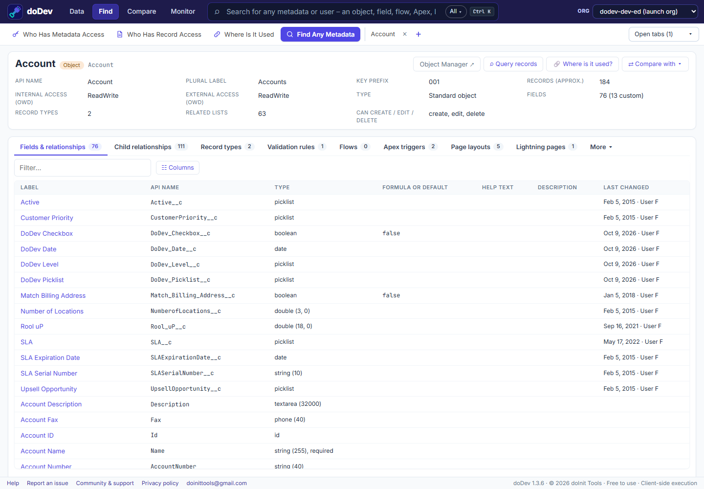 An object's page in doDev Find Any Metadata: details, fields, layouts and more in tabs