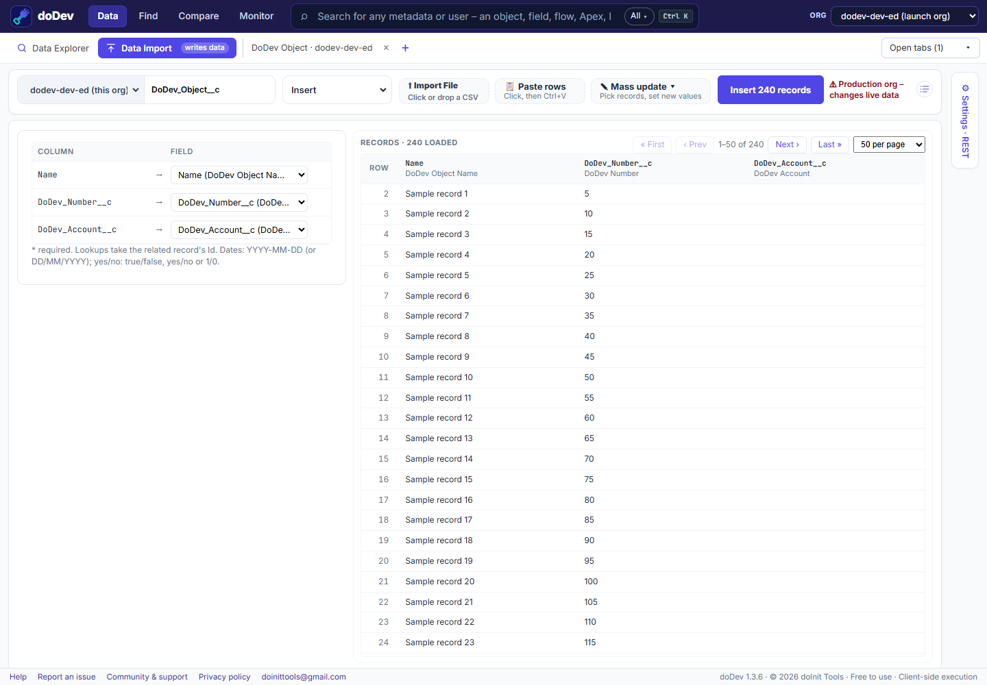 Data Import in doDev: column to field mapping and the records as they will be sent, before the run