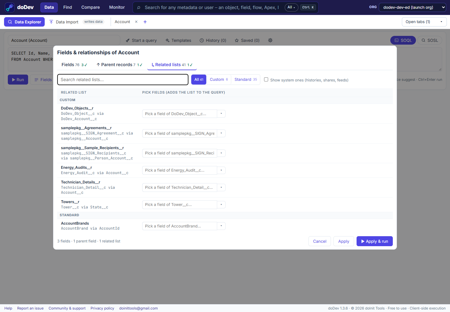 The fields and relationships picker in doDev: fields of the object, parent records and related lists, with the query written for you